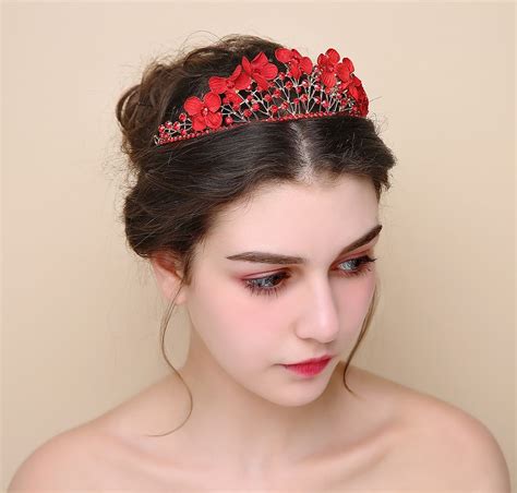 رخيصة الأحمر الزهور مطرز التيجان التيجان الأميرة الزفاف غطاء الرأس إكسسوارات الشعر التويج