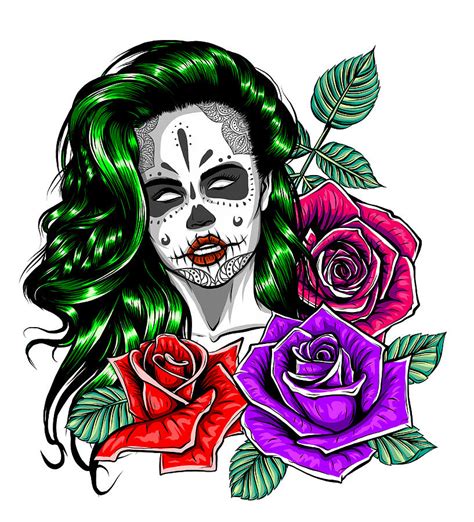 Vintage Sugar Skull Girl With Roses For Day Of The Dead Digital Art By