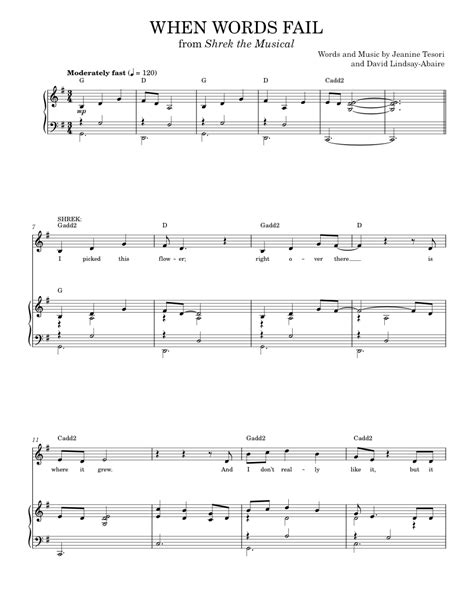 When Words Fail Sheet Music For Piano Vocals By Shrek The Musical