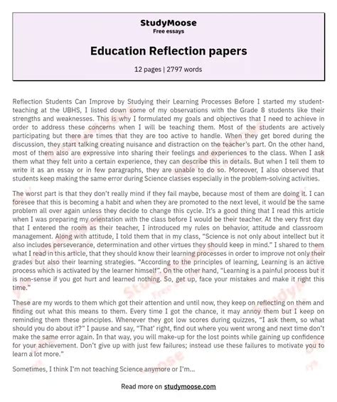 Education Reflection Papers Free Essay Example