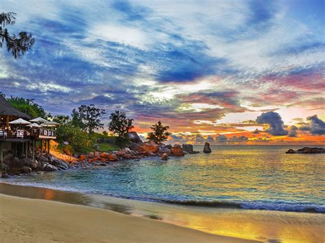 Beach At Dusk Seychelles Island Scenery Hd Wallpaper Preview