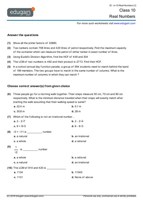 All worksheets are pdf documents with the answers on the 2nd page. Class 10 Math Worksheets and Problems: Real Numbers ...