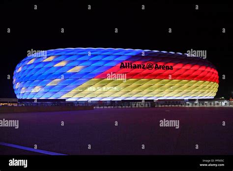 munich germany 22nd sep 2018 special lighting of the allianz arena fc bayern munich and the