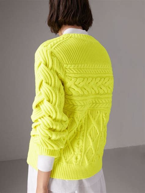 Aran Knit Wool Cashmere Sweater In Fluorescent Yellow Women Burberry United States