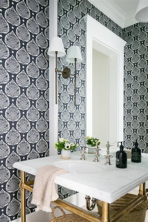 Powder Room With Black And White Wallpaper Contemporary Bathroom