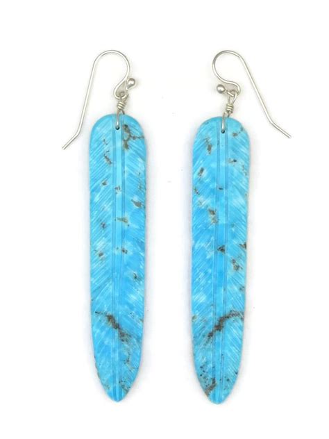 Long Hand Carved Turquoise Feather Earrings By Ronald Chavez