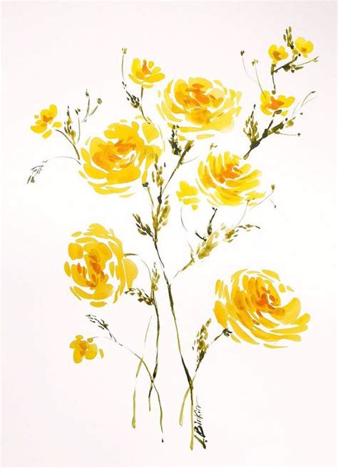 Yellow Flowers Art Original Watercolor Painting Floral Wall Decor