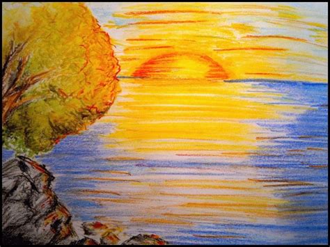 Sunset Drawing Easy Colored Pencil Sunset Scenery Drawing In Pencil