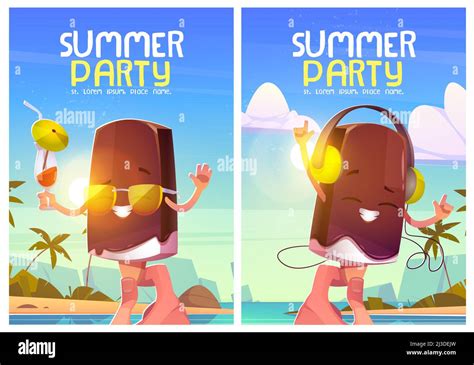 Summer Party Posters With Cute Ice Cream Character And Tropical