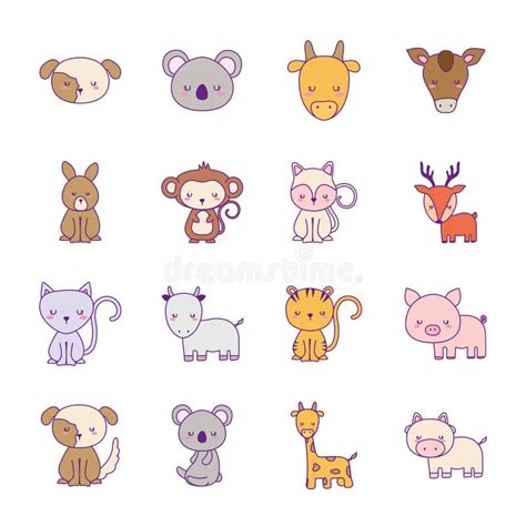 Cute Animals Cartoons Line And Fill Style Collections Icons Vector