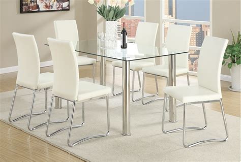 The tempered glass table top resting on a sculptured chrome base gives a modern feel. Modern Chrome Dining Set, Poundex #F2204 | Hot Sectionals