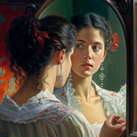 Meek Peafowl563 Young Woman Looking In The Mirror Oil Painting