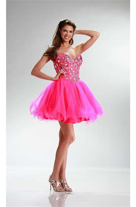 Sparkly Ball Strapless Short Hot Pink Tulle Rhinestone Prom Dress