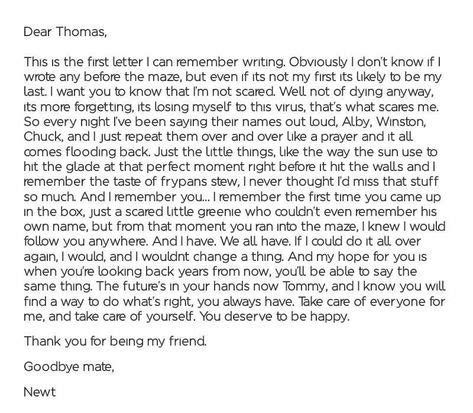 Newts Letter To Thomas Tdc The Maze Runner Maze Runner Quotes