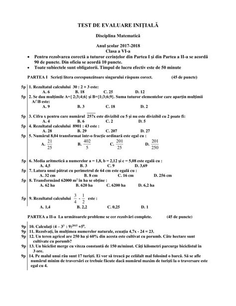 Test Initial Matematica Clasa A 6 A Rezolvare Barem De Corectare Si Notare Matricea De