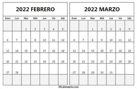 Febrero A Marzo 2022 Calendario 2022 Imprimible Por Mes