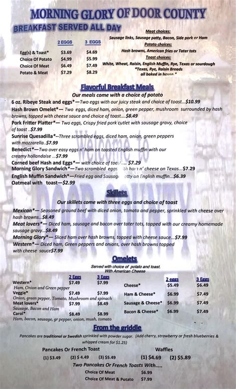 Menu for Morning Glory Restaurant in Sturgeon Bay, WI | Sirved