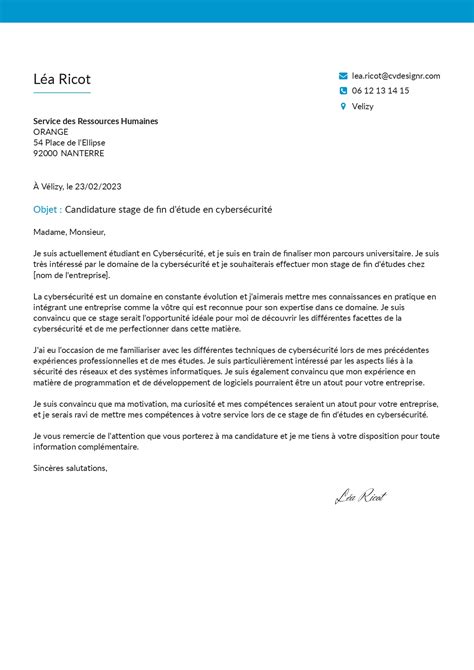 Exemple de lettre de motivation de stage de fin d étude