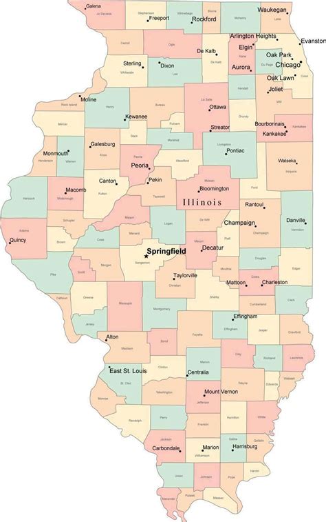 Multi Color Illinois Map With Counties Capitals And Major Cities
