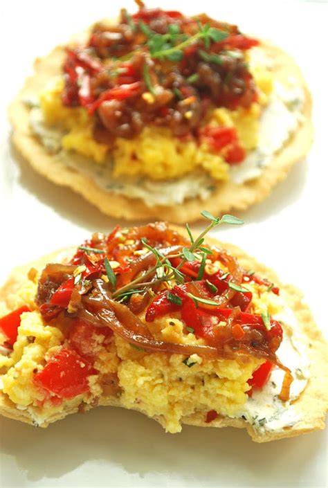 Scrambled Egg Breakfast Tostadas With Caramelized Onions And Herbed