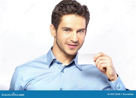 Good Looking Man Holding Business Card Stock Photo Image Of Credit