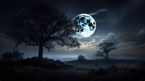 Fundo Cena Da Floresta Escura Com Uma Lua Azul E Rvores Fundo Imagem