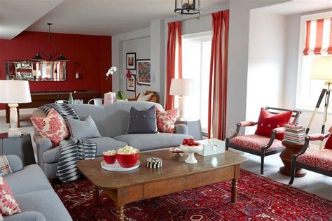 Light grey, light blue, and red color scheme for a trendy living room. light green carpet with rug | Maroon living room, Living room red, Living room grey