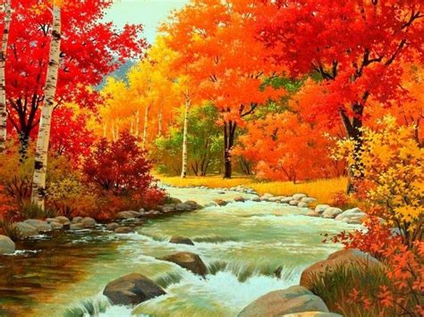 Autumn Waterfalls Painting Art Trees Autumn Drawing Leaves Fall