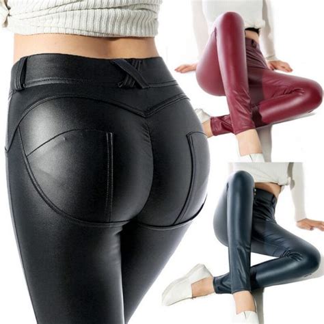 women sexy pu leather yoga pants hip push up workout stretch leggings trousers