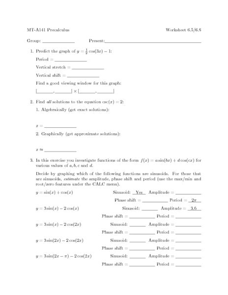 The nature of precalculus worksheets with answers pdf in education. MT-A141 PreCalculus: Worksheet 6.5/6.6 Worksheet for 10th - 11th Grade | Lesson Planet