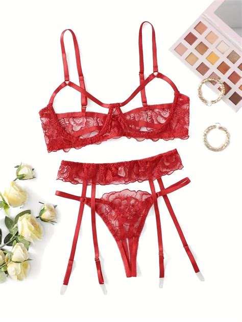 hot floral lace lingerie set see through embroidery bra garter belt sheer thong womens lingerie