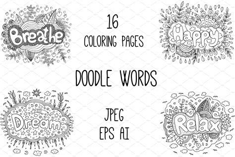 Doodle Words 16 Coloring Pages Illustrations Creative Market