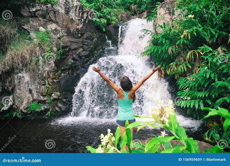 Hawaii Travel Nature Waterfall Woman Hiker At Canyon Trail Waipoo Falls