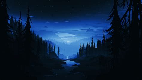 Wallpaper Artwork Moon Calm Forest River Mountains Night Sky