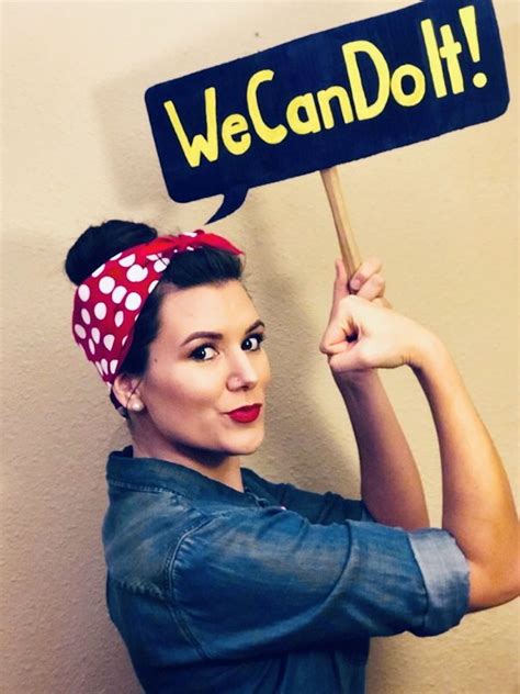 Optional additional items include the polka dot heel option and classic military boots. Rosie The Riveter Costume with DIY "We Can Do It!" sign in ...