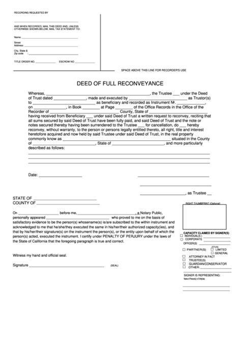 Fillable Deed Of Full Reconveyance Form Printable Pdf Download
