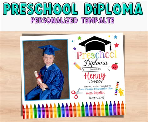 Editable Preschool Diploma With Photo Personalized Graduation Etsy Uk