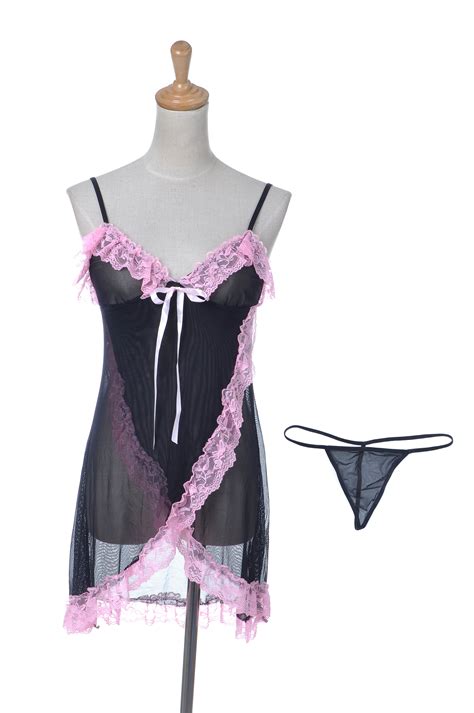 Feinuhan Womens 2 Piece Sexy Black Pink Lace Nightwear Sleepwear Lingerie Set