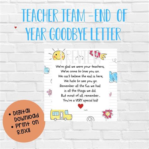 Teacher Team Goodbye Letter To Kids Teacher End Of School Letter