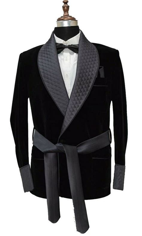 Men Black Smoking Jacket Robe Velvet Quilted New Arrival Elegant