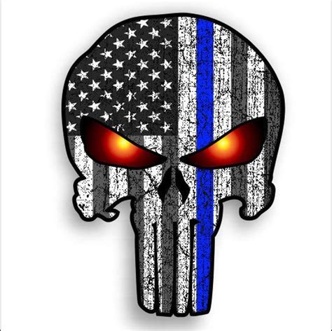 Thin Blue Line Punisher Skull With American Flag And Glowing Etsy In