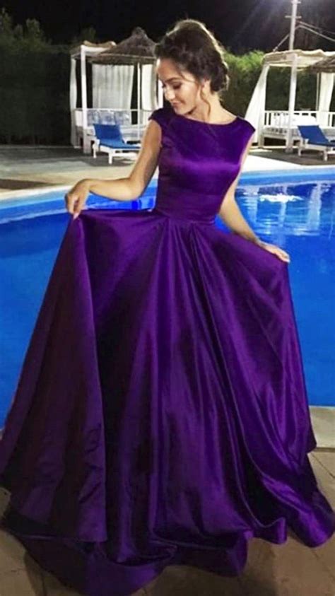 Ball Gown Purple Satin Open Back Long Cap Sleeves Scoop Neck Prom