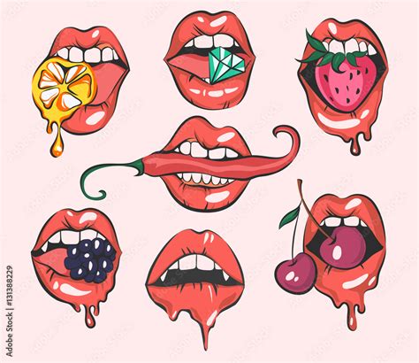 Set Of Sexy Pop Art Lips Close Up View Cartoon Girls Mouths Vector Illustrations Stock Vector