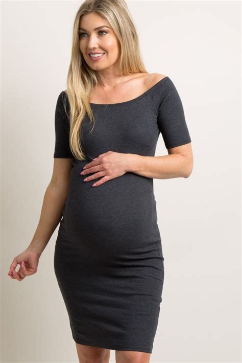 charcoal grey ribbed off shoulder fitted maternity dress fitted maternity dress stylish