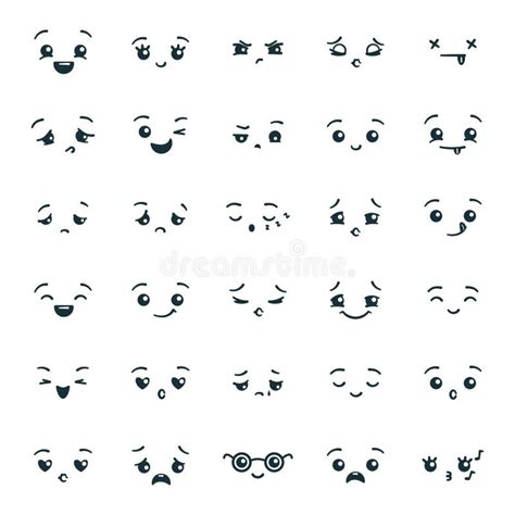 Set Of Cute Kawaii Emoticons Emoji Expression Faces In The Style Of