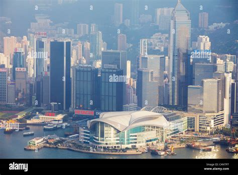 Aerial View Of Hong Kong Convention And Exhibition Centre With Wan Chai