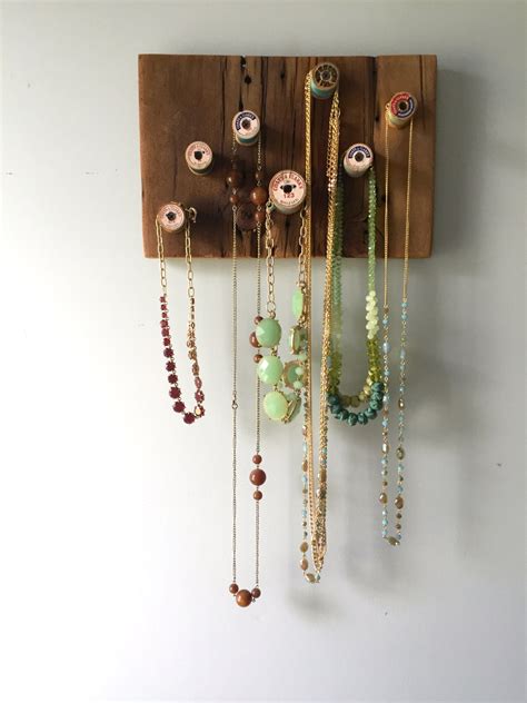 Green And Teal Wooden Thread Spool Jewelry Rack