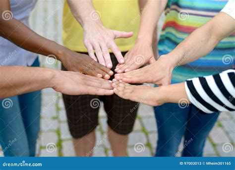 Group Of People Touching Hands In A Circle Stock Image Image Of India