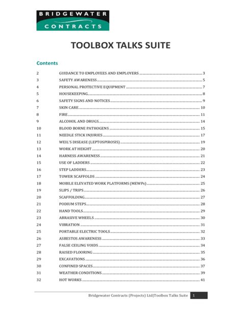 Toolbox Talk Safer Sphere Chs Ltd