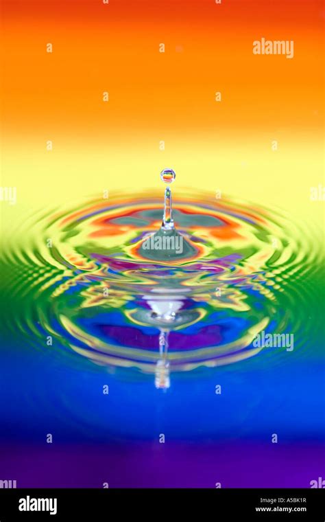 Rainbow Water Drop Ripples Reflection Water On A Plate Mirror With